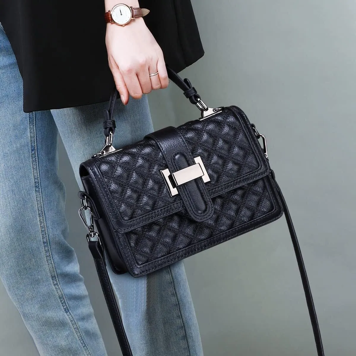 Womens Leather Quilted Crossbody Bag Elegant Top Handle Purse with Flap Closure Shoulder/Satchel Style