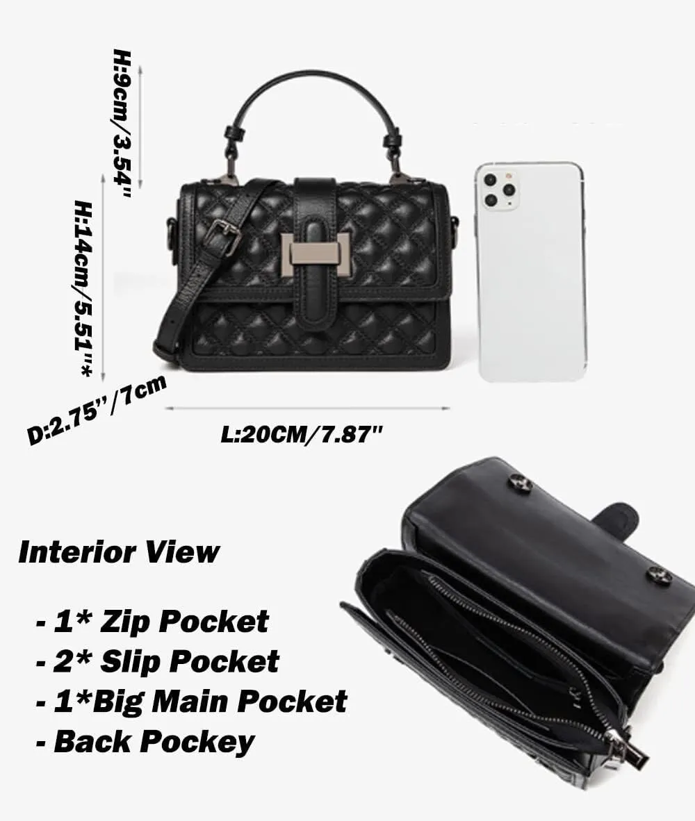 Womens Leather Quilted Crossbody Bag Elegant Top Handle Purse with Flap Closure Shoulder/Satchel Style