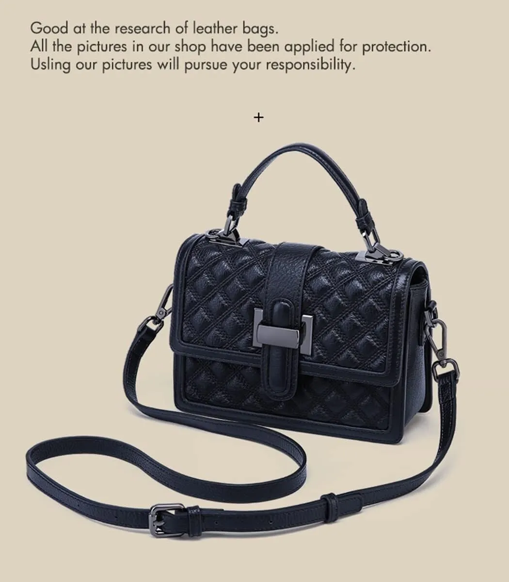 Womens Leather Quilted Crossbody Bag Elegant Top Handle Purse with Flap Closure Shoulder/Satchel Style