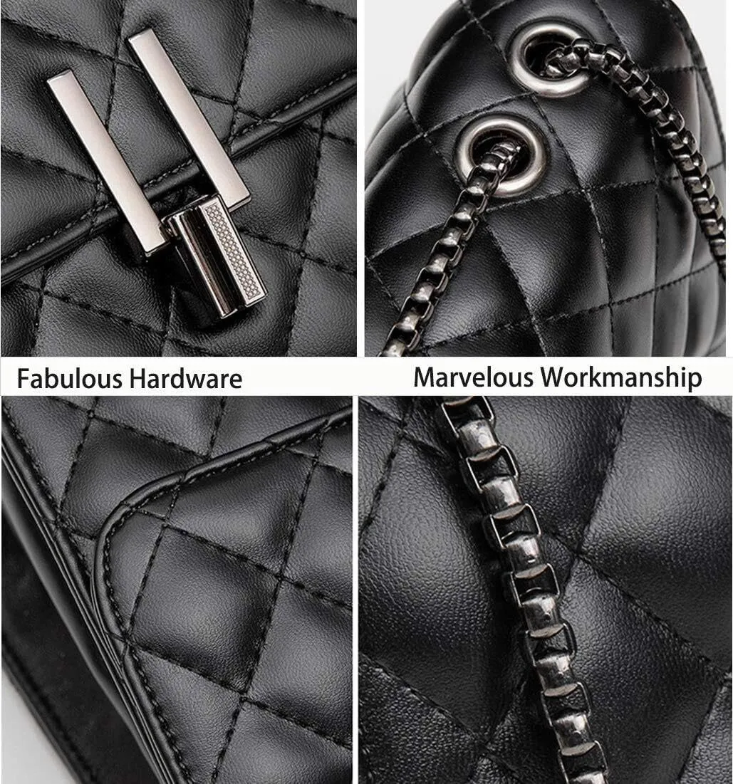 Womens Leather Quilted Crossbody Bag Elegant Top Handle Purse with Flap Closure Shoulder/Satchel Style