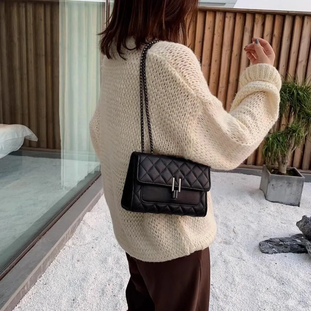 Womens Leather Quilted Crossbody Bag Elegant Top Handle Purse with Flap Closure Shoulder/Satchel Style