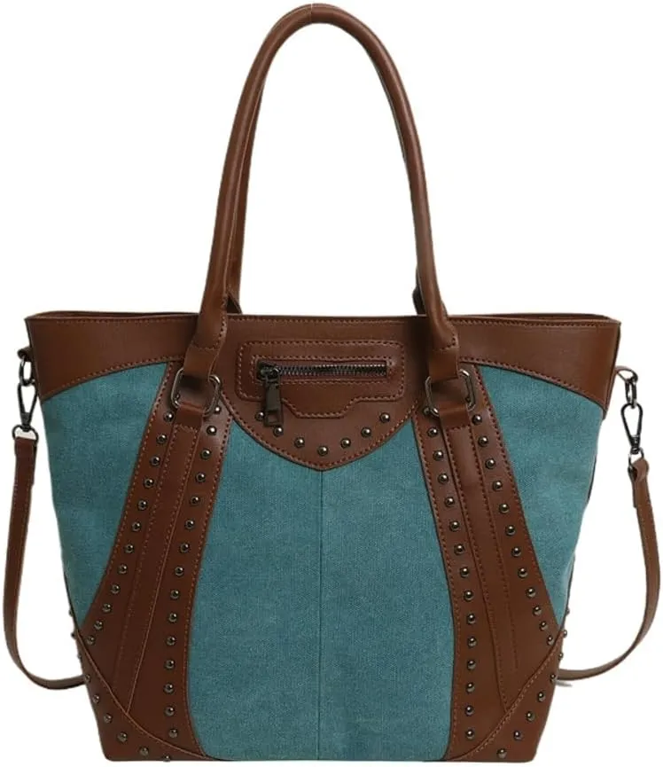 Womens Retro Denim Hobo Bag Slouchy Jean Tote Bag Stylish Crossbody Purse Punk Rivet Satchel Bag Casual Shoulder Bag Carryall