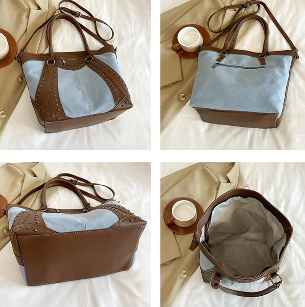 Womens Retro Denim Hobo Bag Slouchy Jean Tote Bag Stylish Crossbody Purse Punk Rivet Satchel Bag Casual Shoulder Bag Carryall