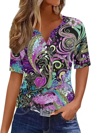 Womens Summer Tops 2025 Dressy Casual Short Sleeve Button V Neck T Shirts Trendy Cute Printed Tees Tunic Blouses