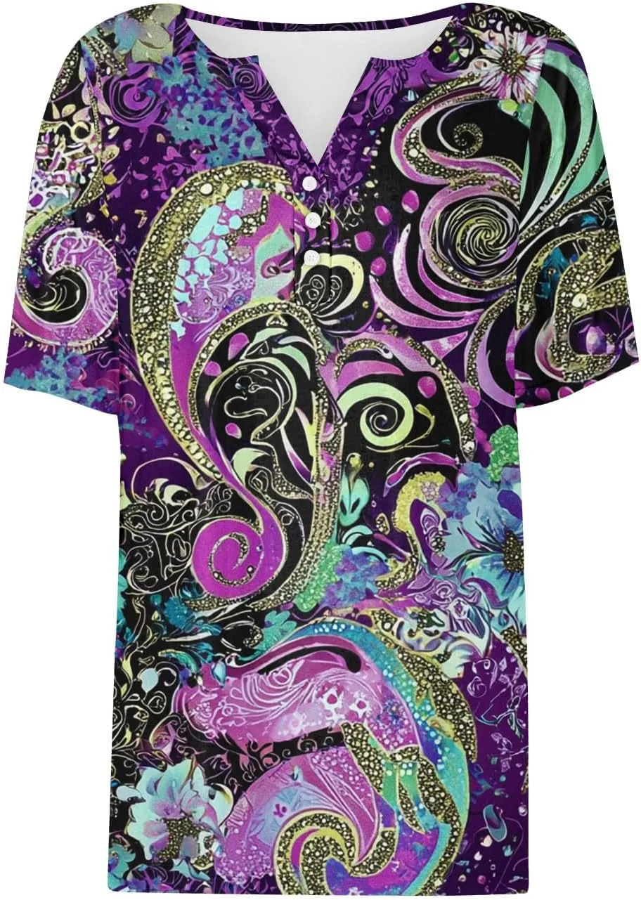 Womens Summer Tops 2025 Dressy Casual Short Sleeve Button V Neck T Shirts Trendy Cute Printed Tees Tunic Blouses