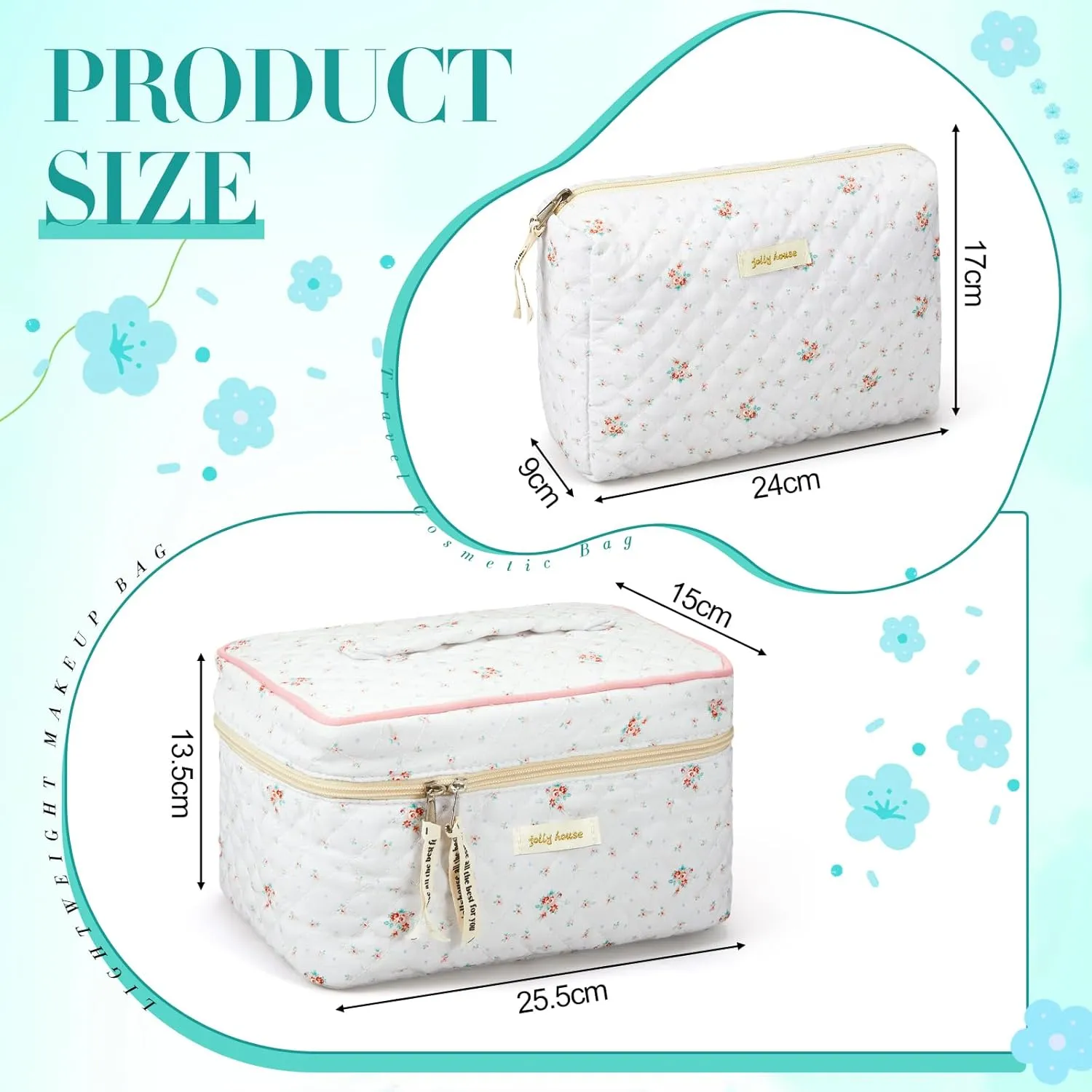 Zeyune 2 Pcs Cotton Quilted Makeup Bag for Women, Large Travel Coquette Cosmetic Bag, Aesthetic Cute Floral Toiletry Skincare Organizer(Stylish Style)