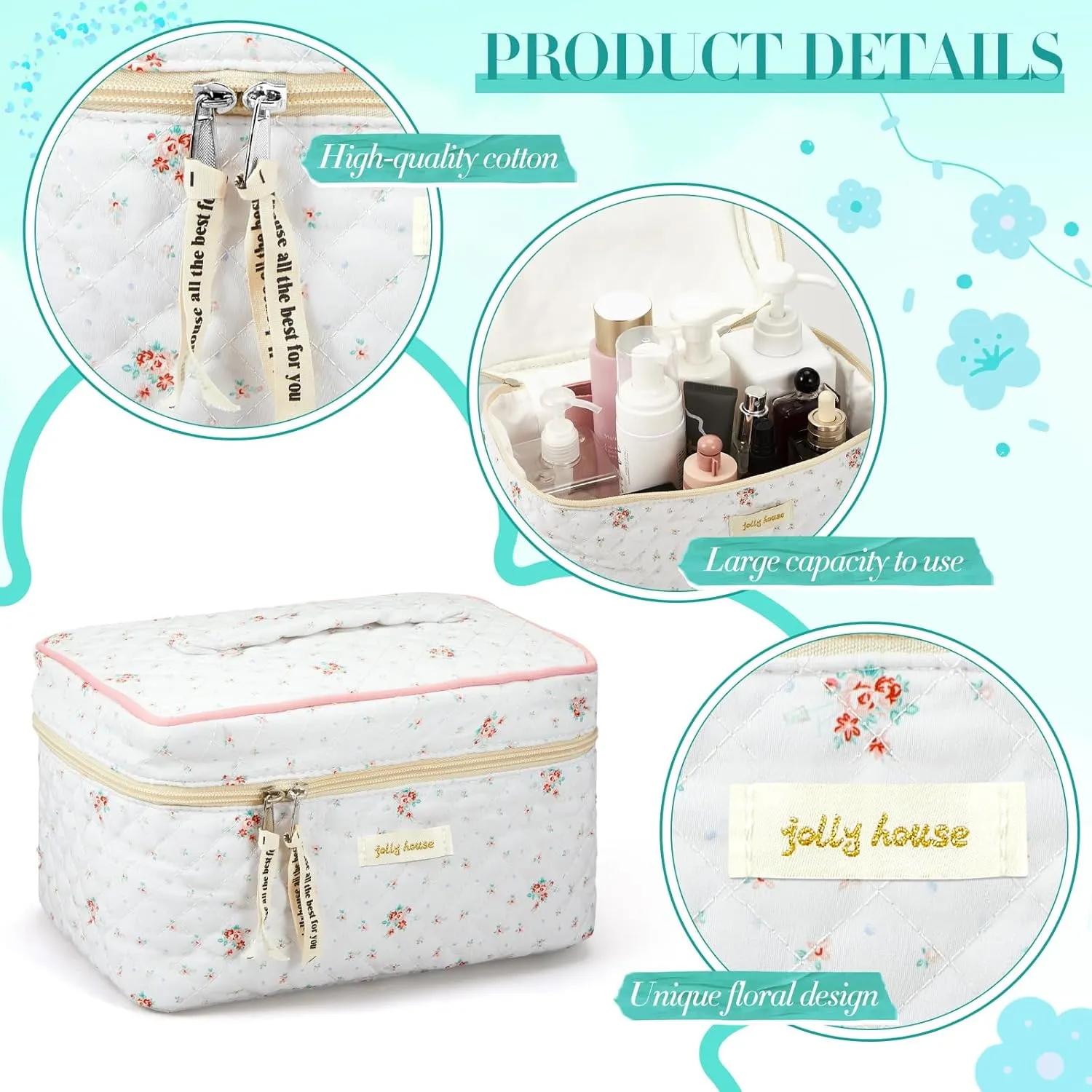 Zeyune 2 Pcs Cotton Quilted Makeup Bag for Women, Large Travel Coquette Cosmetic Bag, Aesthetic Cute Floral Toiletry Skincare Organizer(Stylish Style)