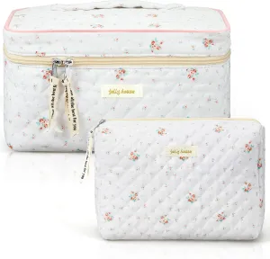 Zeyune 2 Pcs Cotton Quilted Makeup Bag for Women, Large Travel Coquette Cosmetic Bag, Aesthetic Cute Floral Toiletry Skincare Organizer(Stylish Style)