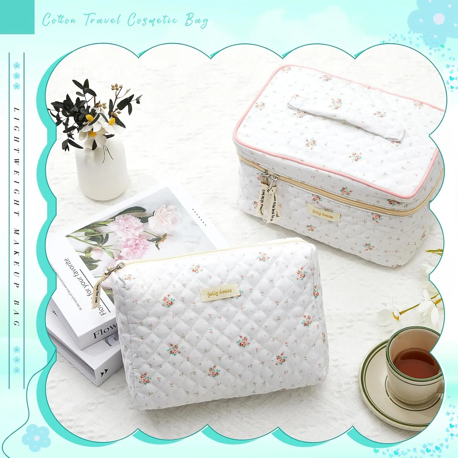 Zeyune 2 Pcs Cotton Quilted Makeup Bag for Women, Large Travel Coquette Cosmetic Bag, Aesthetic Cute Floral Toiletry Skincare Organizer(Stylish Style)