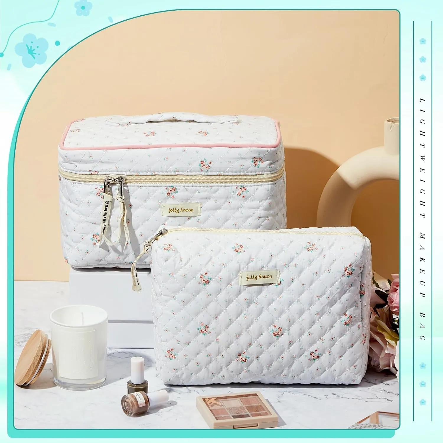 Zeyune 2 Pcs Cotton Quilted Makeup Bag for Women, Large Travel Coquette Cosmetic Bag, Aesthetic Cute Floral Toiletry Skincare Organizer(Stylish Style)