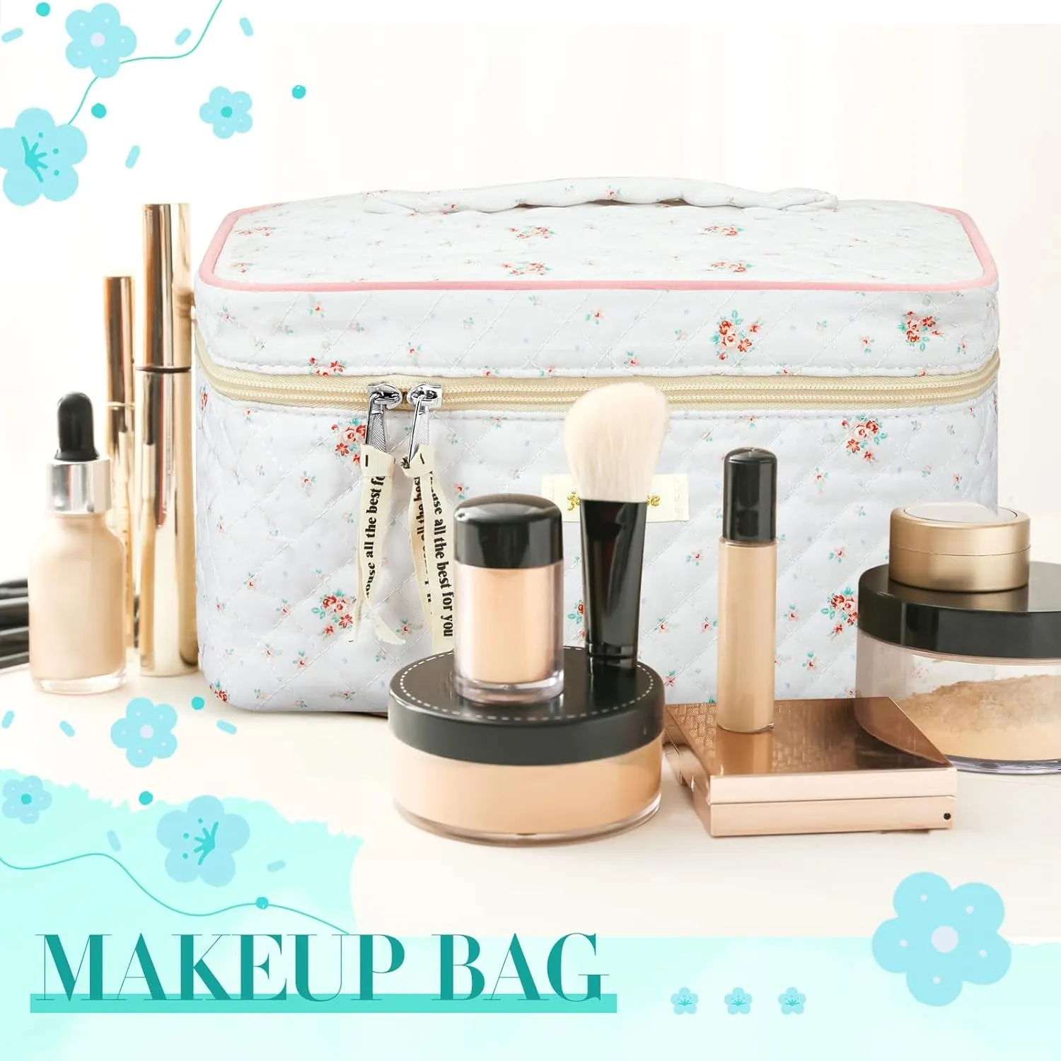 Zeyune 2 Pcs Cotton Quilted Makeup Bag for Women, Large Travel Coquette Cosmetic Bag, Aesthetic Cute Floral Toiletry Skincare Organizer(Stylish Style)